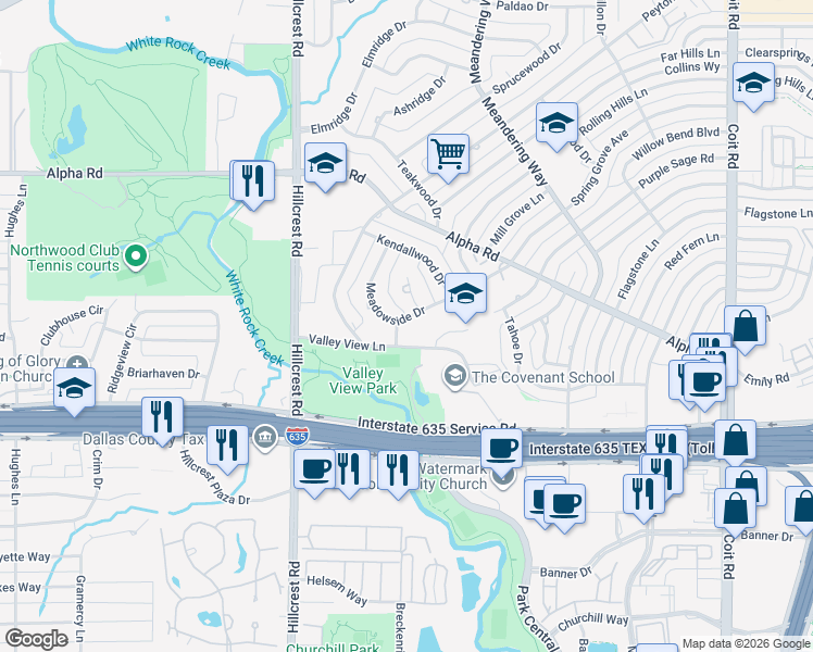 map of restaurants, bars, coffee shops, grocery stores, and more near 13220 Laurel Wood Lane in Dallas