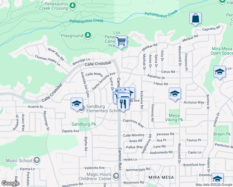 map of restaurants, bars, coffee shops, grocery stores, and more near 11344 Camino Ruiz in San Diego