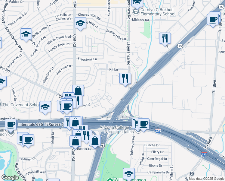 map of restaurants, bars, coffee shops, grocery stores, and more near 13175 North Central Expressway in Dallas