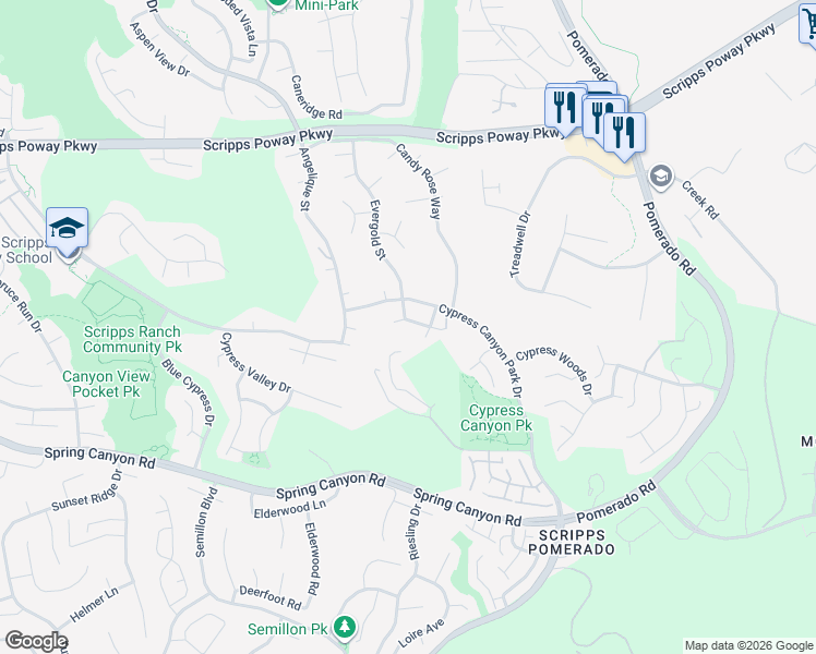 map of restaurants, bars, coffee shops, grocery stores, and more near 12193 Libelle Court in San Diego