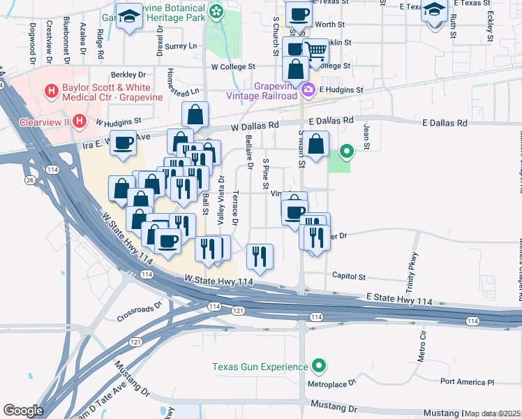 map of restaurants, bars, coffee shops, grocery stores, and more near 1221 Bellaire Drive in Grapevine