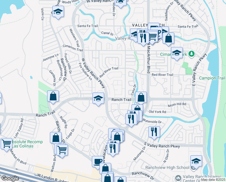 map of restaurants, bars, coffee shops, grocery stores, and more near 8821 Rodeo Drive in Irving