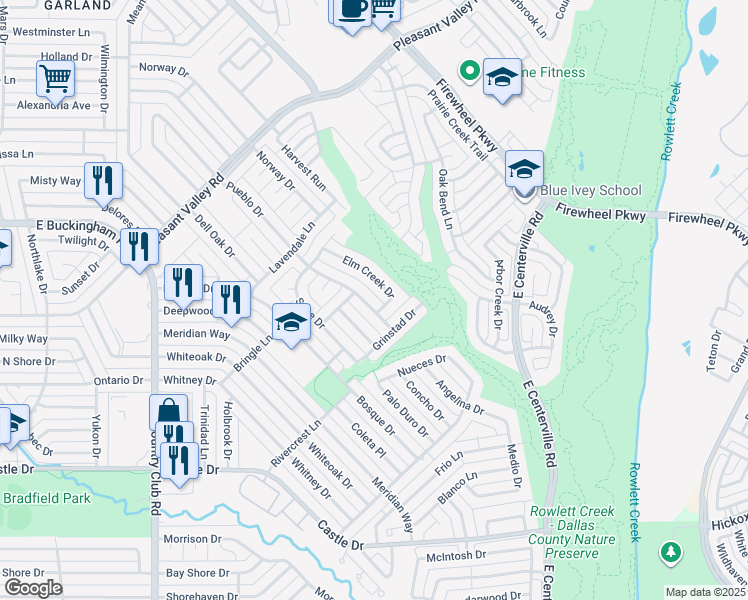 map of restaurants, bars, coffee shops, grocery stores, and more near 1826 Pueblo Dr in Garland