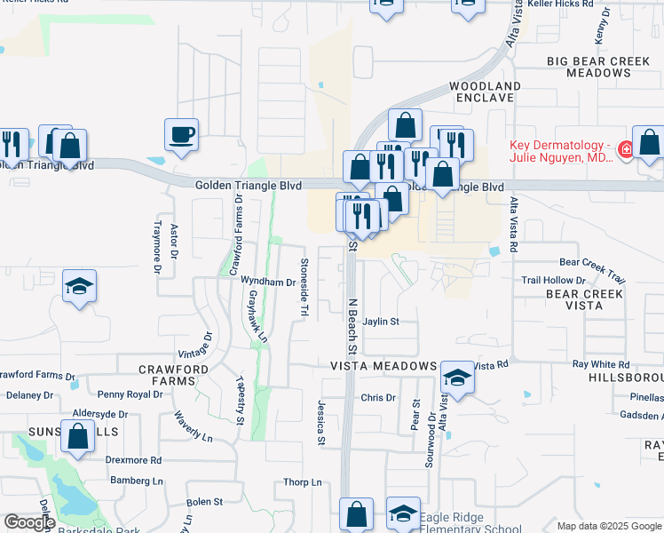 map of restaurants, bars, coffee shops, grocery stores, and more near 10511 Equestrian Trail in Keller