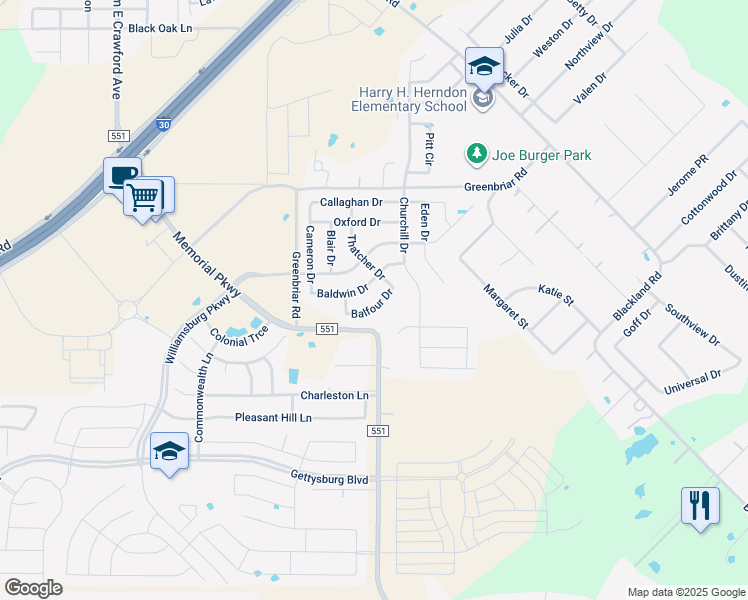 map of restaurants, bars, coffee shops, grocery stores, and more near 175 Balfour Drive in Royse City