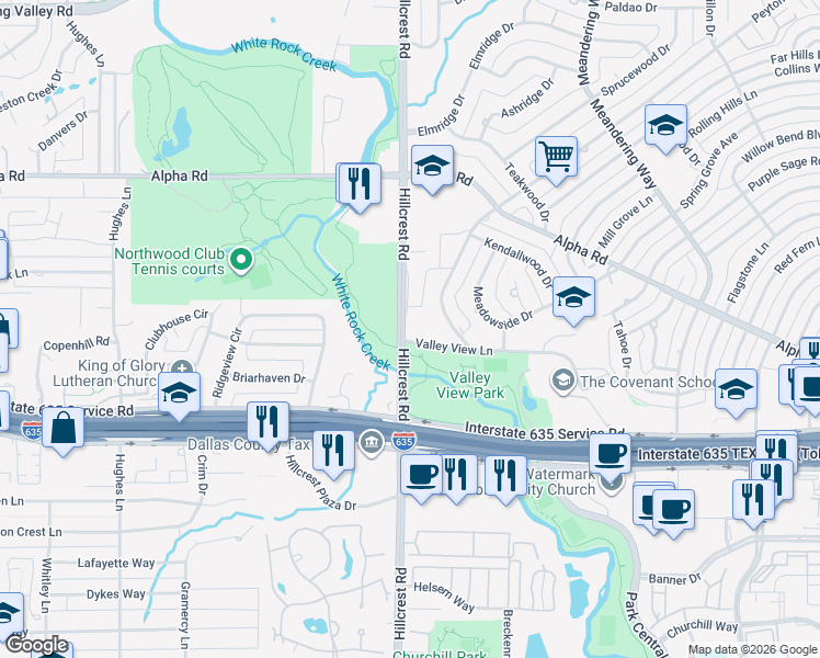 map of restaurants, bars, coffee shops, grocery stores, and more near 6913 Valley View Lane in Dallas