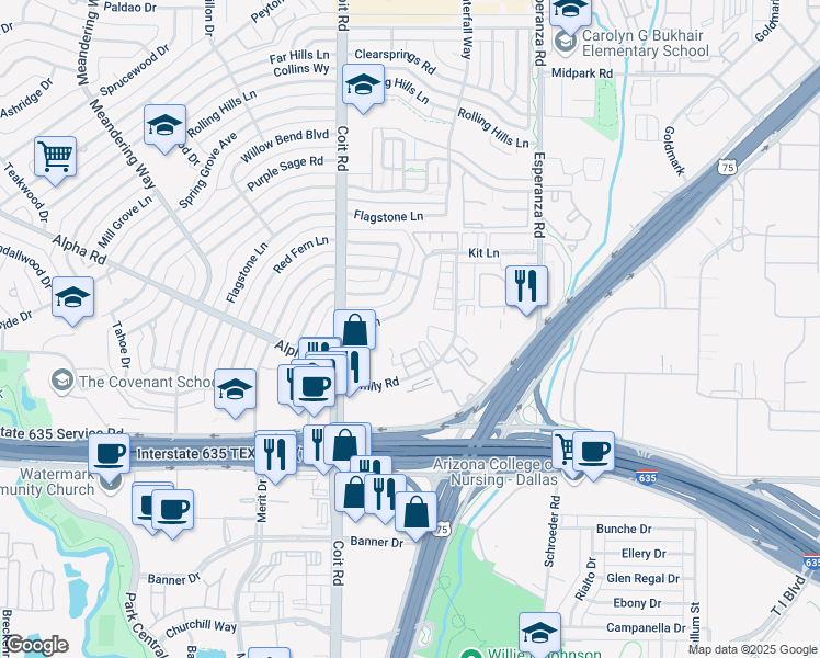 map of restaurants, bars, coffee shops, grocery stores, and more near 13254 Kit Lane in Dallas