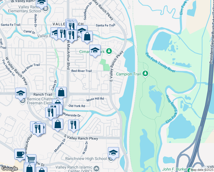 map of restaurants, bars, coffee shops, grocery stores, and more near 8821 Valley Ranch Parkway East in Irving
