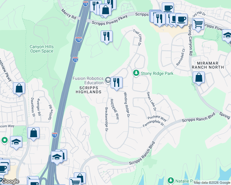 map of restaurants, bars, coffee shops, grocery stores, and more near 11560 Winding Ridge Drive in San Diego