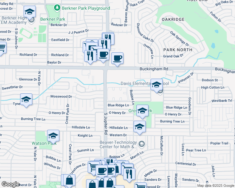 map of restaurants, bars, coffee shops, grocery stores, and more near 1750 North Jupiter Road in Garland