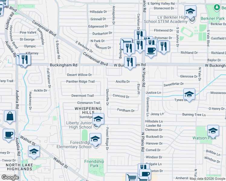 map of restaurants, bars, coffee shops, grocery stores, and more near 1606 Glenville Drive in Garland