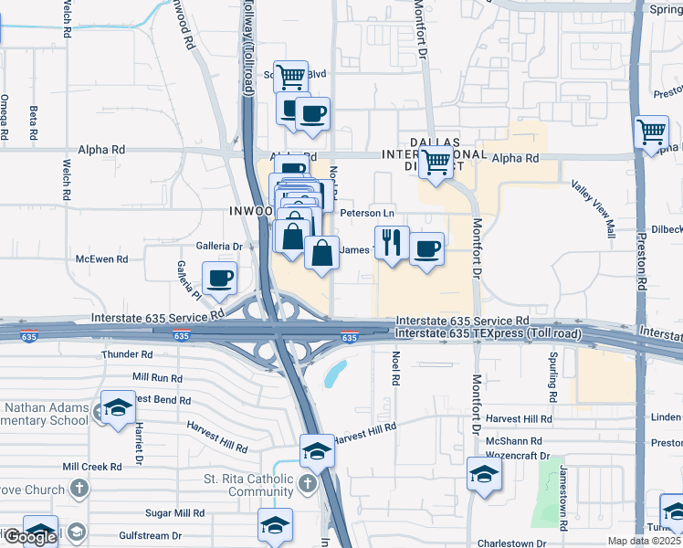 map of restaurants, bars, coffee shops, grocery stores, and more near 5327 Lyndon B Johnson Freeway in Dallas