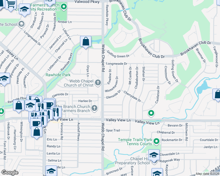 map of restaurants, bars, coffee shops, grocery stores, and more near 13340 Winterhaven Drive in Farmers Branch