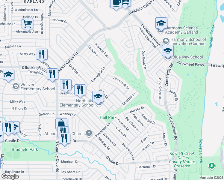 map of restaurants, bars, coffee shops, grocery stores, and more near 1417 Arendale Drive in Garland