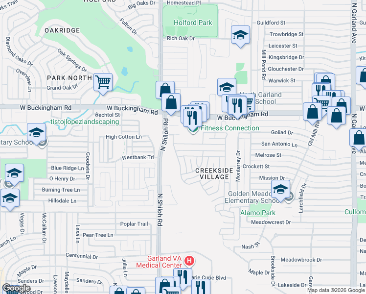 map of restaurants, bars, coffee shops, grocery stores, and more near 2317 Meredith Lane in Garland