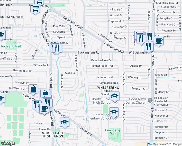 map of restaurants, bars, coffee shops, grocery stores, and more near 10111 Deermont Trail in Dallas
