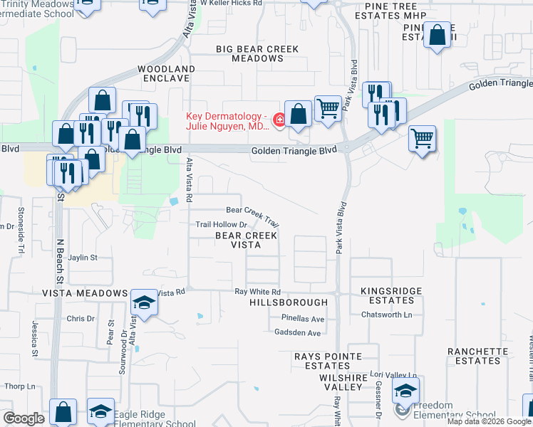 map of restaurants, bars, coffee shops, grocery stores, and more near 10448 Bear Creek Trail in Fort Worth