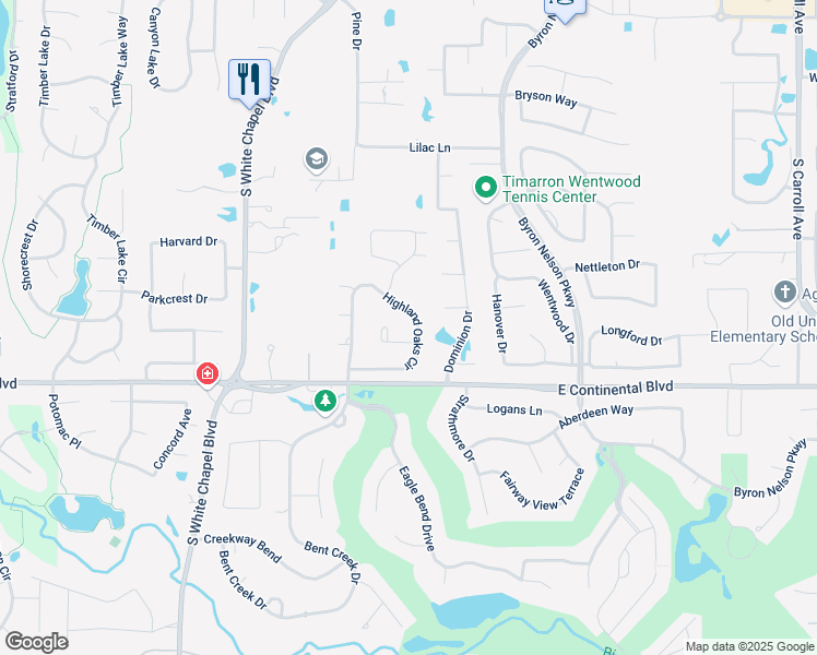 map of restaurants, bars, coffee shops, grocery stores, and more near 360 Highland Oaks Circle in Southlake