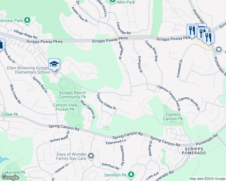 map of restaurants, bars, coffee shops, grocery stores, and more near 11671 Cypress Canyon Road in San Diego