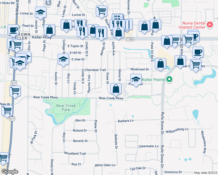 map of restaurants, bars, coffee shops, grocery stores, and more near 341 Sioux Street in Keller