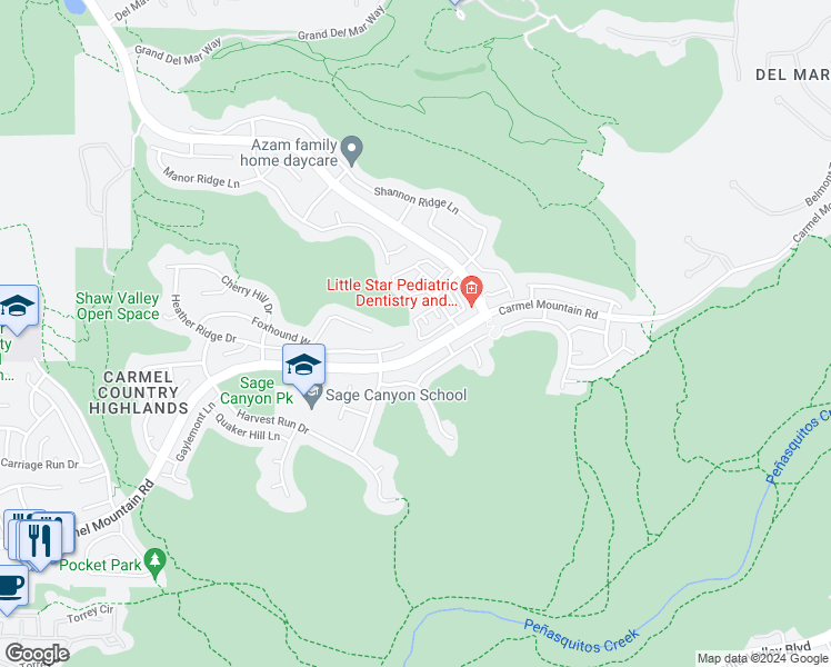 map of restaurants, bars, coffee shops, grocery stores, and more near 92 Carmel Mountain Road in San Diego