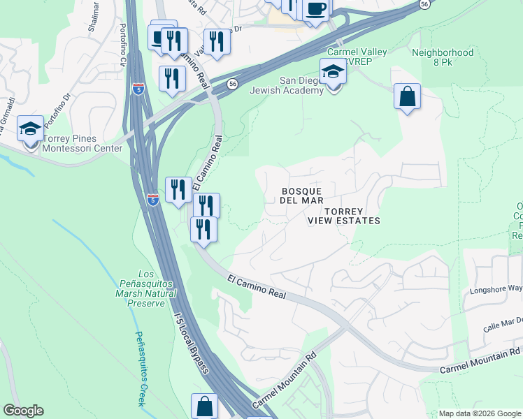 map of restaurants, bars, coffee shops, grocery stores, and more near 3790 Arroyo Sorrento Road in San Diego