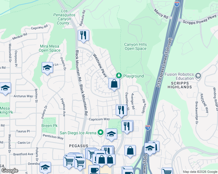 map of restaurants, bars, coffee shops, grocery stores, and more near 9472 Compass Point Drive South in San Diego