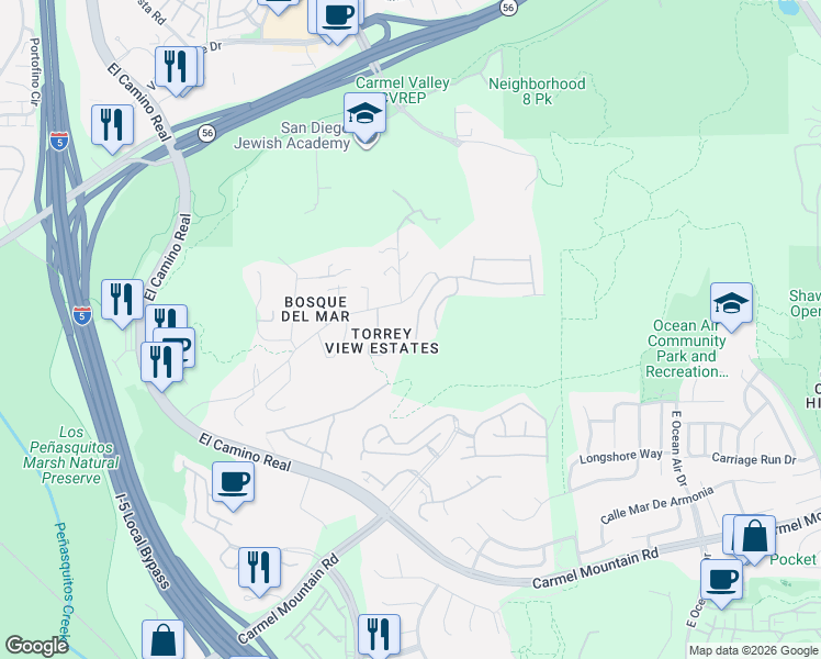 map of restaurants, bars, coffee shops, grocery stores, and more near 4029 Arroyo Sorrento Road in San Diego