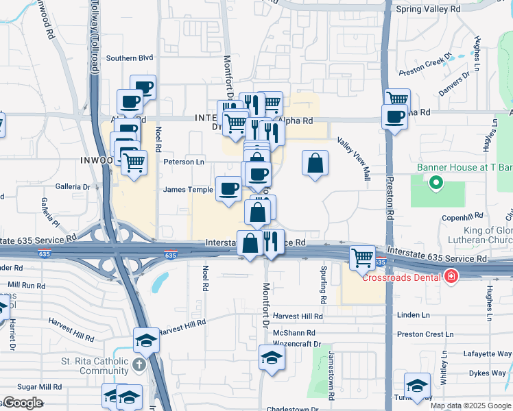 map of restaurants, bars, coffee shops, grocery stores, and more near 13139 Montfort Drive in Dallas