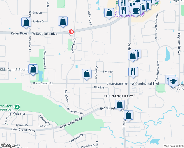 map of restaurants, bars, coffee shops, grocery stores, and more near 828 Shawnee Trail in Keller