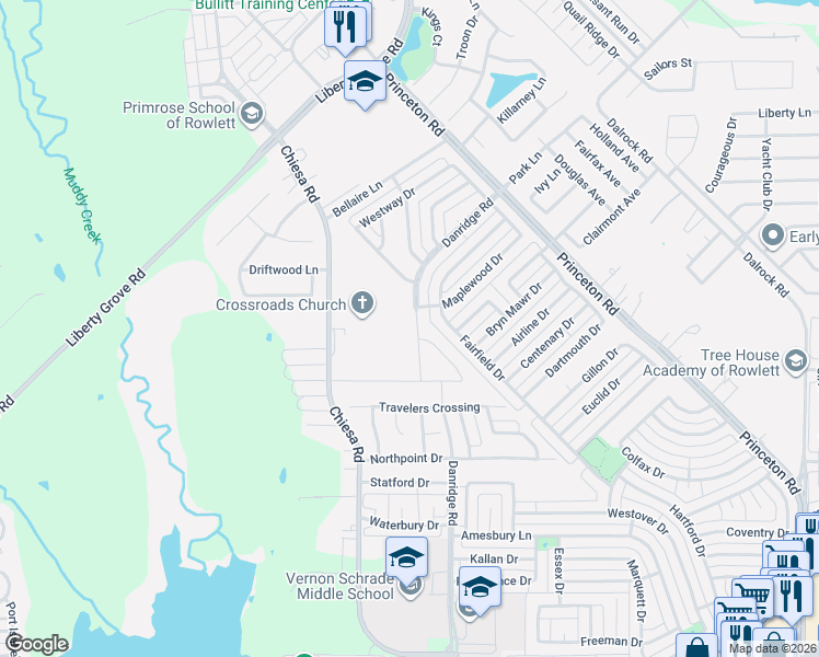 map of restaurants, bars, coffee shops, grocery stores, and more near 6839 Elm Street in Rowlett