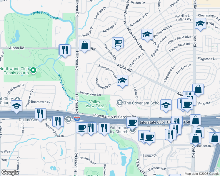 map of restaurants, bars, coffee shops, grocery stores, and more near 13220 Laurel Wood Lane in Dallas
