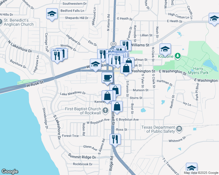map of restaurants, bars, coffee shops, grocery stores, and more near 318 South Goliad Street in Rockwall