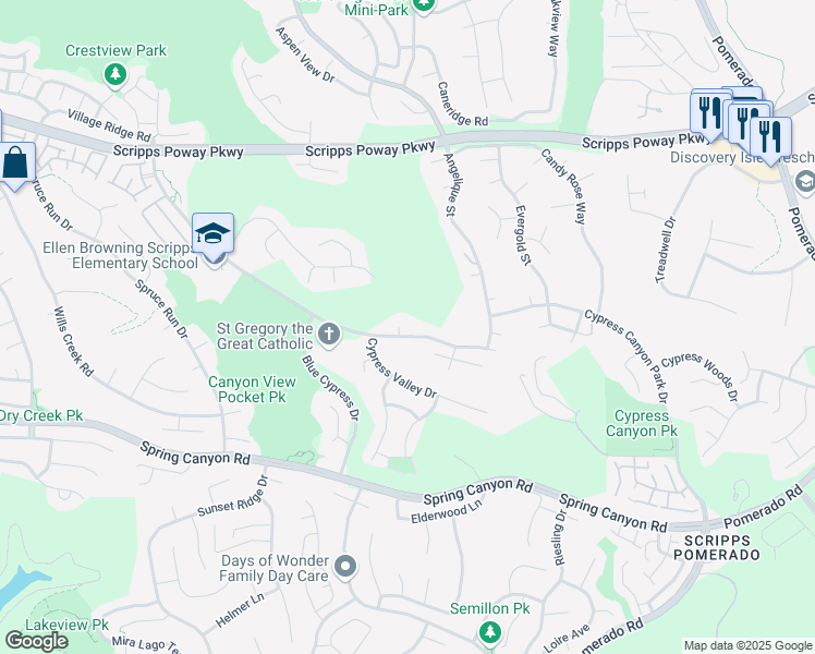 map of restaurants, bars, coffee shops, grocery stores, and more near 11523 Sun Ray Court in San Diego