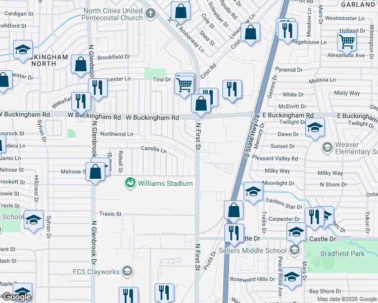 map of restaurants, bars, coffee shops, grocery stores, and more near 110 Lucinda Drive in Garland
