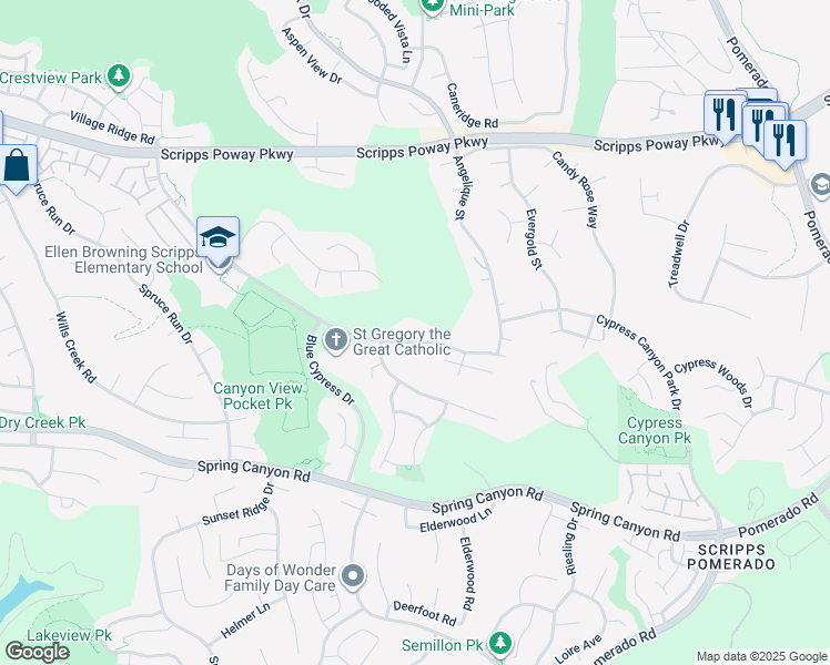 map of restaurants, bars, coffee shops, grocery stores, and more near 11523 Sun Ray Court in San Diego