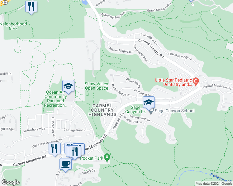 map of restaurants, bars, coffee shops, grocery stores, and more near 10762 Heather Ridge Drive in San Diego