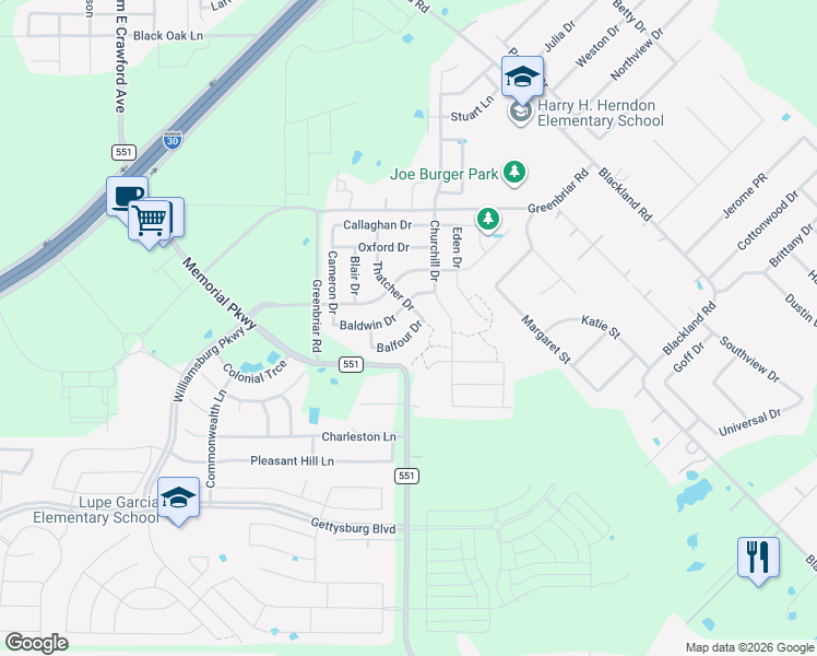 map of restaurants, bars, coffee shops, grocery stores, and more near 175 Balfour Drive in Royse City