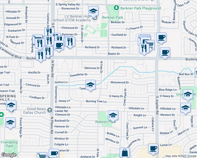 map of restaurants, bars, coffee shops, grocery stores, and more near 4014 Justice Lane in Garland