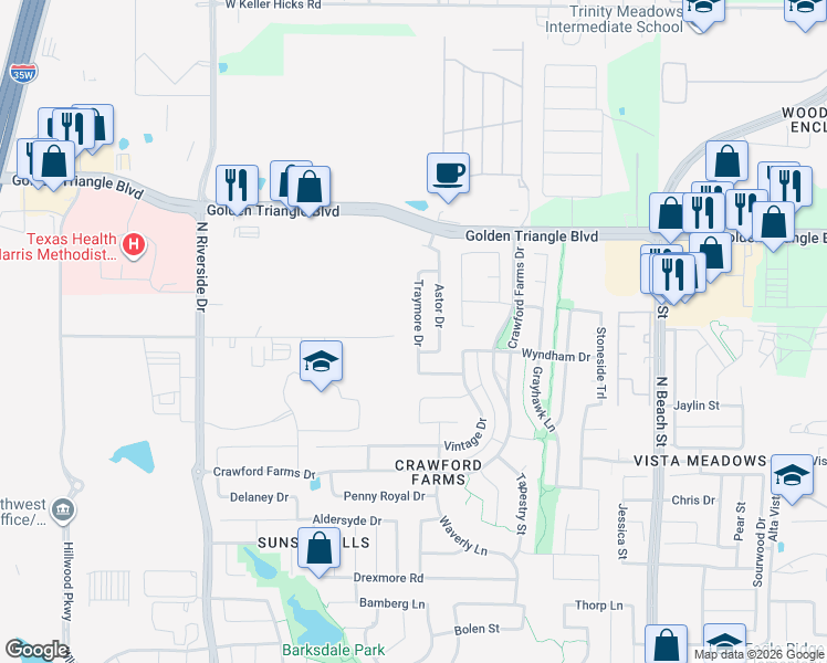 map of restaurants, bars, coffee shops, grocery stores, and more near 10625 Traymore Drive in Fort Worth