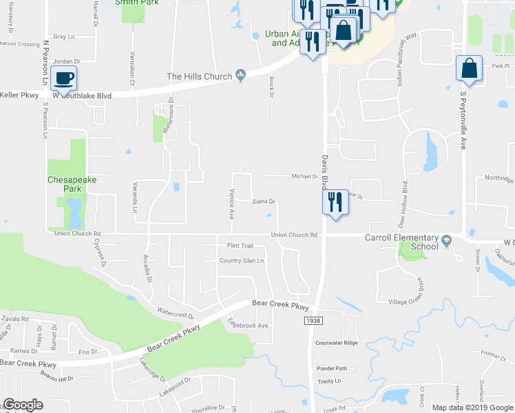 map of restaurants, bars, coffee shops, grocery stores, and more near 1000 Siena Drive in Southlake