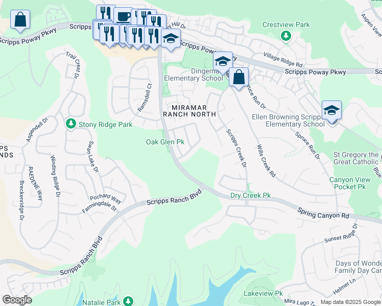 map of restaurants, bars, coffee shops, grocery stores, and more near 10909 Waterton Road in San Diego