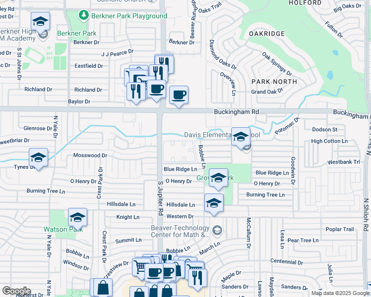 map of restaurants, bars, coffee shops, grocery stores, and more near 1750 North Jupiter Road in Garland