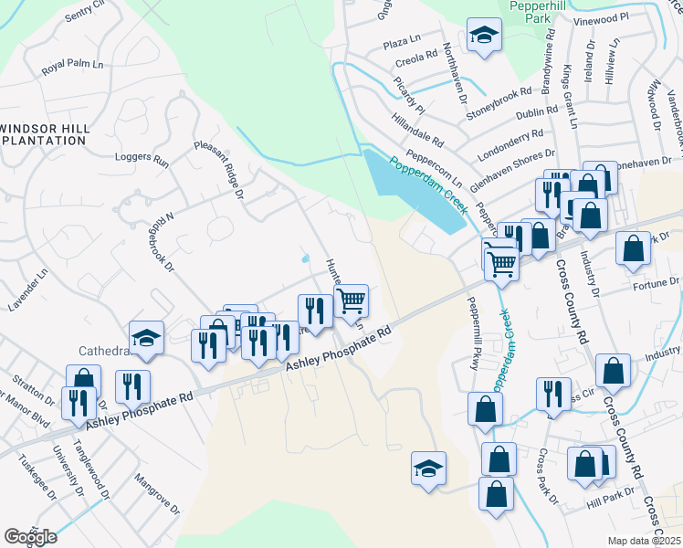 map of restaurants, bars, coffee shops, grocery stores, and more near 46 Peppertree Lane in Charleston