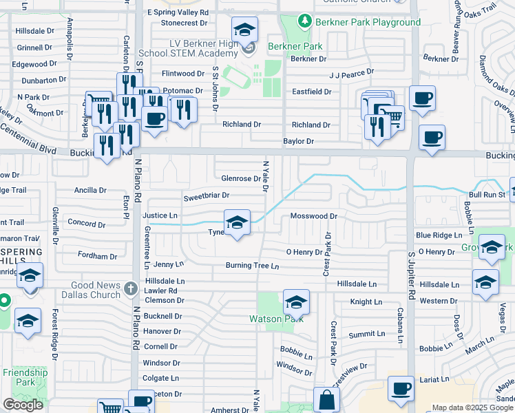 map of restaurants, bars, coffee shops, grocery stores, and more near 4014 Justice Lane in Garland