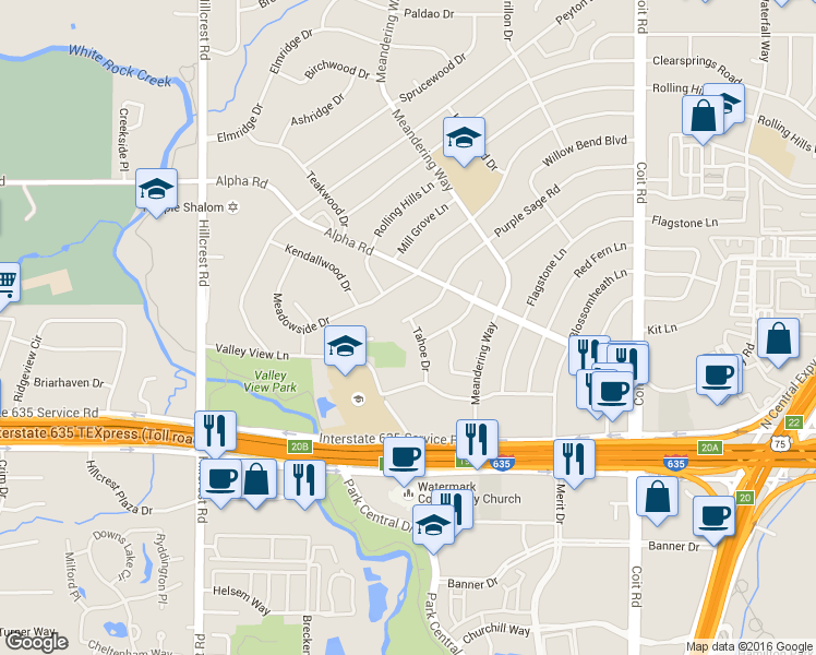 map of restaurants, bars, coffee shops, grocery stores, and more near 13304 Purple Sage Road in Dallas