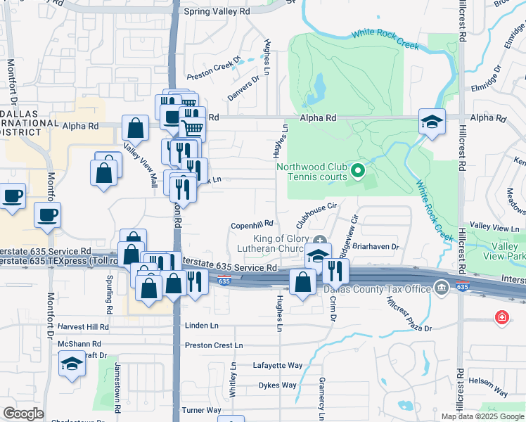 map of restaurants, bars, coffee shops, grocery stores, and more near 13249 Copenhill Road in Dallas