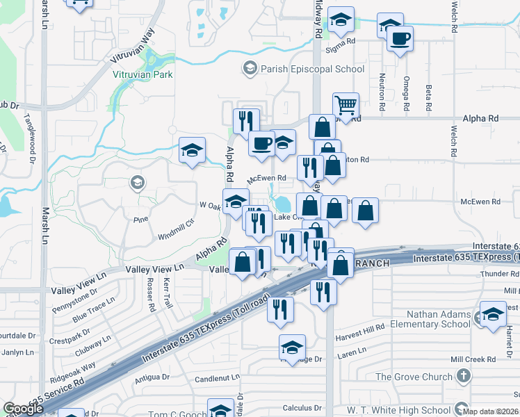 map of restaurants, bars, coffee shops, grocery stores, and more near 4141-4199 Blue Lake Cir in Farmers Branch