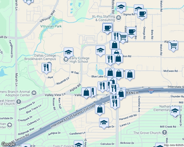 map of restaurants, bars, coffee shops, grocery stores, and more near 4141-4199 Blue Lake Cir in Farmers Branch
