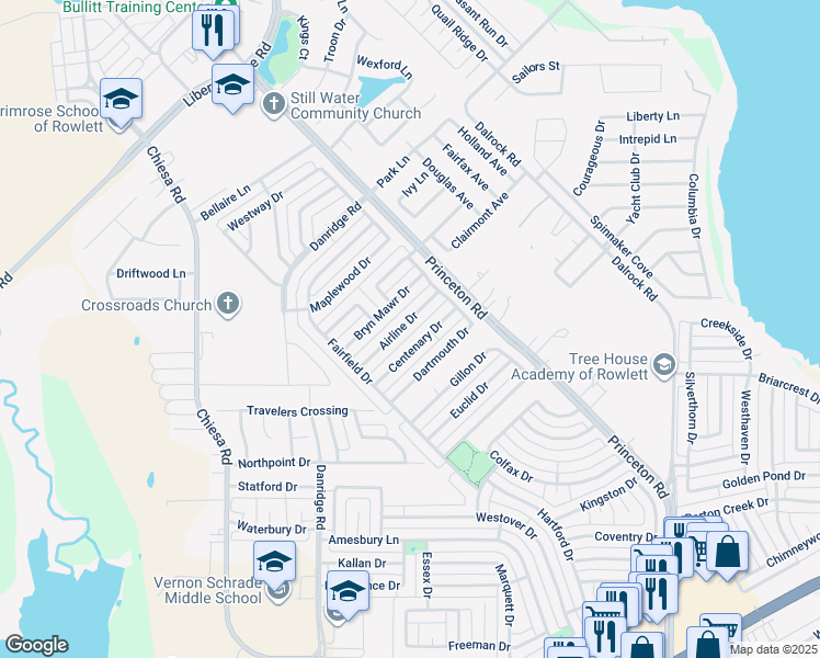 map of restaurants, bars, coffee shops, grocery stores, and more near 7406 Airline Drive in Rowlett